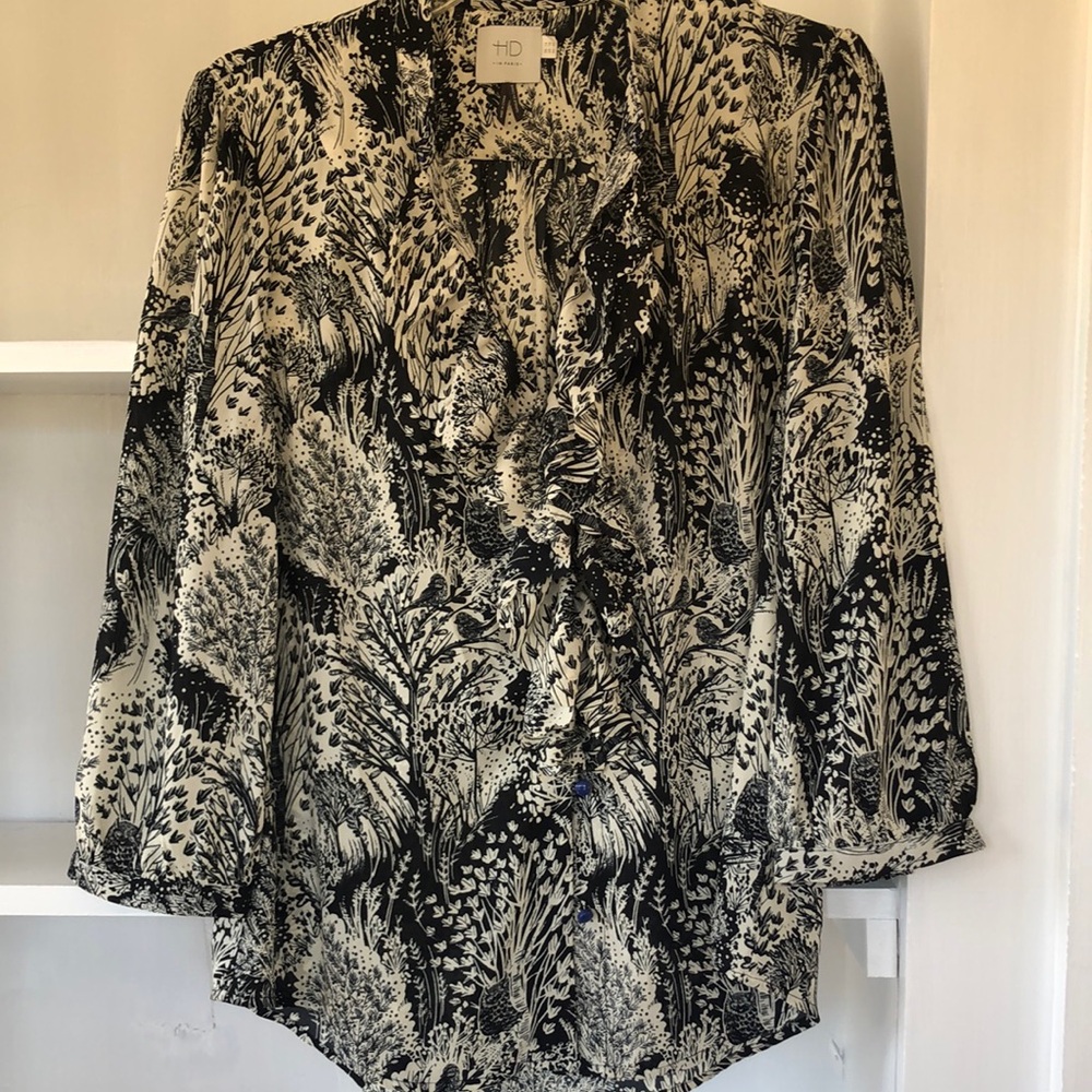HD in Paris Anthropologie Ruffle Button Down Shirt Top Owl Bird Forest Size 10